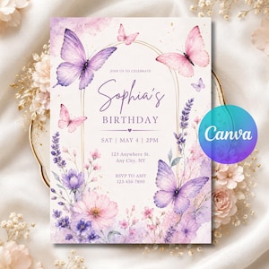 May include: A rectangular birthday invitation card featuring watercolour illustrations of purple and pink butterflies and floral arrangements. The text reads: Join us to celebrate Sophia's Birthday, Sat May 4 2pm, 123 Anywhere St. Any City, NY, RSVP to Amy 123-456-7890.
