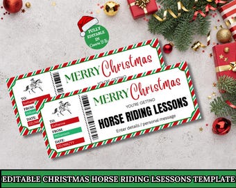May include: Two Christmas-themed gift certificates for horse riding lessons. The certificates have a red and green border with the words "Merry Christmas" and "Horse Riding Lessons." Each certificate includes a space to fill in the recipient's name, the giver's name, and the date.