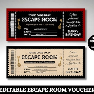 Vale de regalo imprimible de último minuto de Escape Room editable para descarga instantánea, plantilla de cupón de entrada de Escape Room editable, cupón de regalo