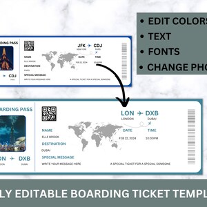 May include: Editable boarding pass template with a world map background. The template includes fields for name, destination, date, time, and a special message. The text "A special ticket for a special someone" is included at the bottom of the template.