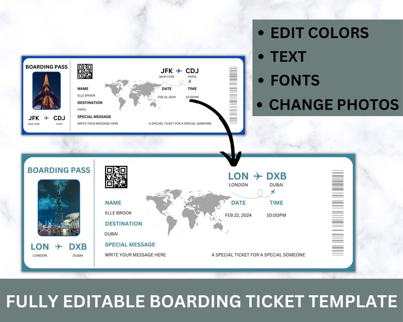 May include: Editable boarding pass template with a world map background. The template includes fields for name, destination, date, time, and a special message. The text "A special ticket for a special someone" is included at the bottom of the template.