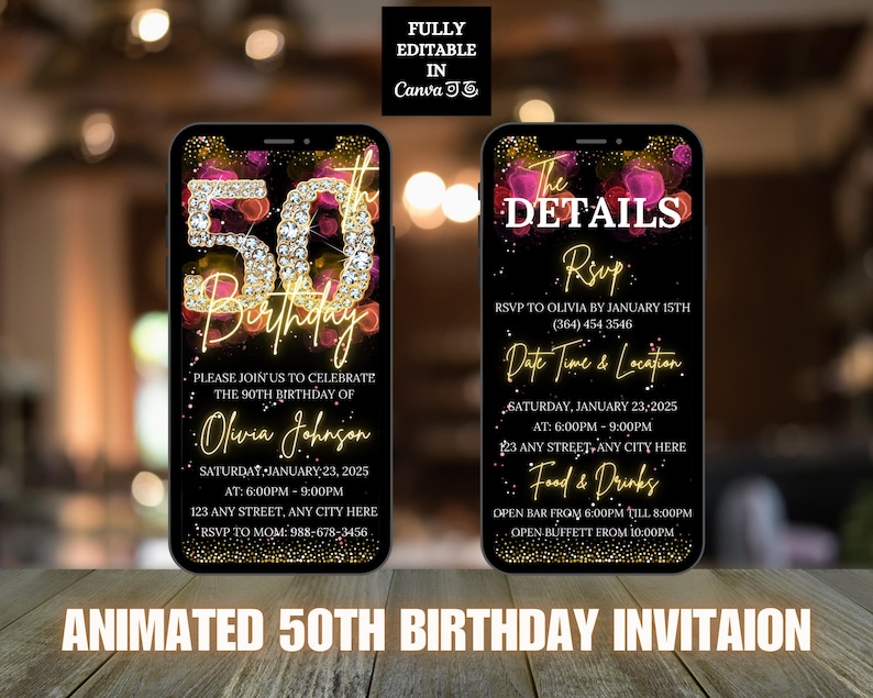 May include: Animated digital invitation for a 50th birthday party. The invitation features a gold number 50 with sparkling diamonds and the text "50th Birthday". The invitation also includes details about the party, such as the date, time, location, and RSVP information.