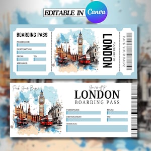 May include: Two light blue boarding passes with watercolor illustrations of London landmarks, including Big Ben and red double-decker buses. Text includes "London" and "Boarding Pass."