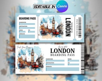 London, England Trip Surprise Gift Ticket - You're Going to LONDON - Printable, Flight, Boarding Pass, Editable, Instant, Travel Print