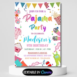 Pajama Party Birthday Invitation Spa Tween Teen Sleepover Slumber Birthday Party Invitation CANVA EDITABLE Instant download