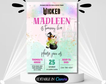 Uitnodiging voor verjaardagsfeestje | Geweldige feestuitnodiging | Op WICKED geïnspireerde filmuitnodiging | Elphaba & Glinda-thema | Bewerkbaar op canvas