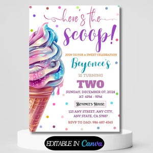 Ice Cream Birthday Invitation Ice cream social Party Here&#39;s the Scoop Pink Mint Purple Girl Birthday Printable Editable Download
