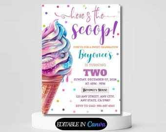Ice Cream Birthday Invitation Ice cream social Party Here's the Scoop Pink Mint Purple Girl Birthday Printable Editable Download