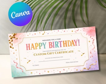 Editable Birthday Gift Certificate Canva Template Digital Download Colorful Birthday Gift Voucher Instant Download Canva Template