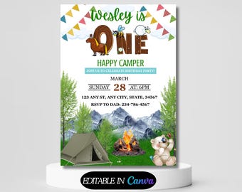 One Happy Camper First Birthday Invitation Template | Instant Download | Camping Birthday | Camping Birthday Invite | Camping 1st Birthday