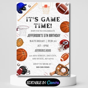 Modèle d'invitation d'anniversaire sportif à imprimer pour le baseball, le basket-ball et le football, invitation à une fête d'anniversaire pour sports de ballon