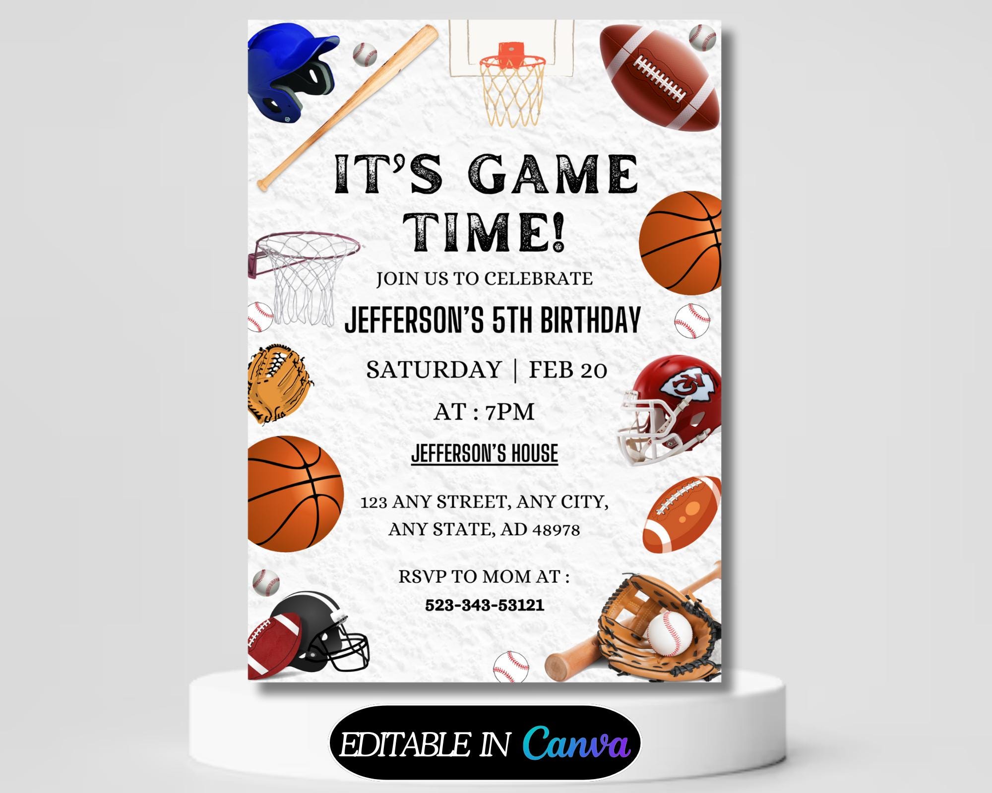 Sports Birthday Invitation Baseball Basketball Football Printable Sports Theme Invitation Template Ball Sports Birthday Party Invitation