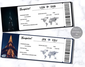 Edytowalny szablon karty pokładowej, drukowany bilet lotniczy, Canva Boarding Pass Surprise Trip, cyfrowy do pobrania DIY bilet pokładowy, Boarding