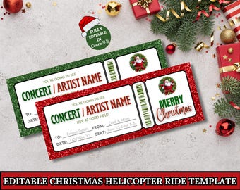 Può includere: Due biglietti per concerti a tema natalizio, uno rosso e uno verde, con bordi glitterati. I biglietti presentano campi di testo per il nome del concerto, la data e il destinatario. Una grafica di Babbo Natale è su ogni biglietto, con la scritta "Merry Christmas" sul biglietto rosso.