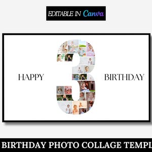 3rd Birthday Photo Collage Template, 3rd Birthday Photo Milestone Sign, Number 3, Editable 3rd Birthday Photo Poster Template, Canva