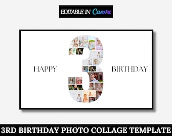 Modello di collage fotografico per il 3° compleanno, cartello per la pietra miliare della foto del 3° compleanno, numero 3, modello di poster fotografico modificabile per il 3° compleanno, Canva