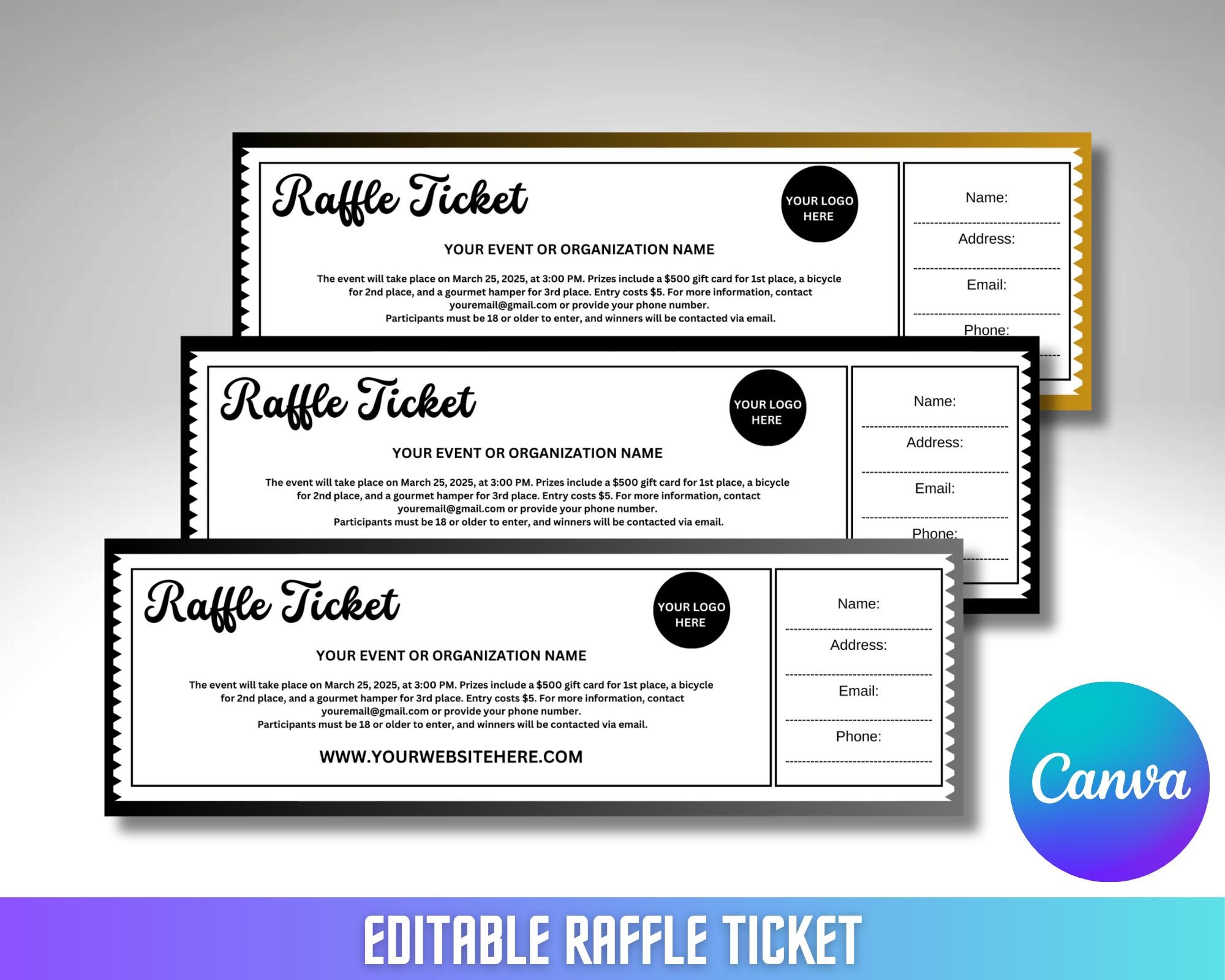 Editable Raffle Event Ticket Template, Raffle Ticket Form, Digital Canva Raffle Ticket Printable, Custom DIY Surprise Raffle Ticket