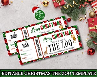 Christmas Zoo Ticket Surprise Gift Voucher, Editable Surprise Zoo Trip Printable Ticket, Zoo Template Gift Card, Christmas Gift Printable
