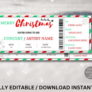 Weihnachtskonzert Geschenkkarte, druckbare Weihnachtsgeschenkgutscheinvorlage zum Bearbeiten, Herunterladen und Drucken. Konzertkarte, Weihnachtsgeschenkvorlage
