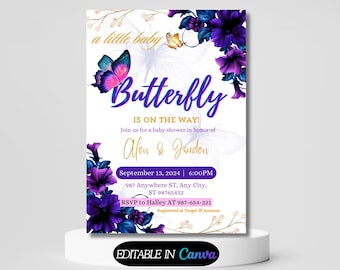 Butterfly Baby Shower Invitation, Purple Butterfly Invitation Template, Butterfly Baby Shower Invitation Girl, Butterflies and Flowers