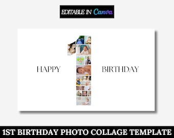 Collage de fotos del primer cumpleaños, cartel con foto del primer cumpleaños, regalo de cumpleaños, plantilla de póster con foto del primer cumpleaños editable, Canva