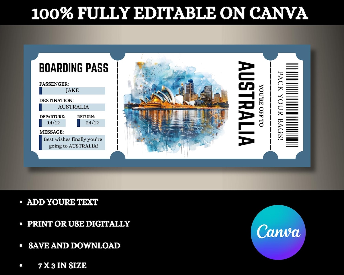 Digital AUSTRALIA Surprise Trip Ticket, Australia Printable Boarding ...