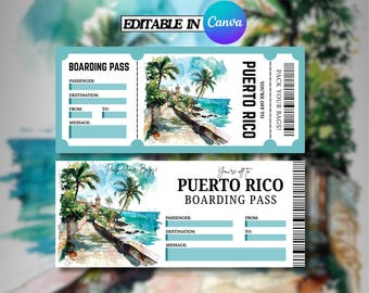 Puerto Rico Trip Surprise Gift Ticket - You're Going to PUERTO RICO - Printable, Flight, Boarding Pass, Editable, Instant, Travel Print