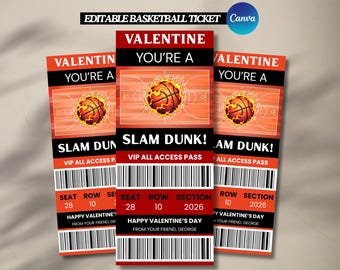 Editable Basketball Ticket Valentine's Day Cards: Editable Kids Classroom, Slam Dunk Valentine, SportsValentine Printable (Instant Download)