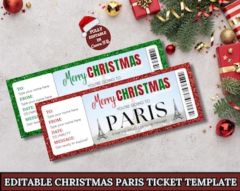 Verrassingsticket kersttrip Parijs Frankrijk, ticketsjabloon You're goes to Paris, afdrukbare instapkaart Parijs, verrassingsreis onthulling