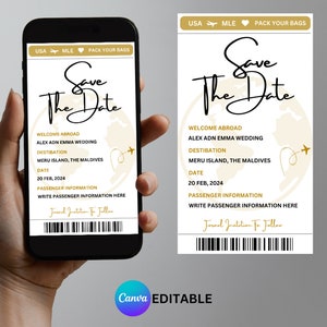 Op de afbeelding: Een digitale huwelijksuitnodiging weergegeven op een smartphone en een gedrukte kaart. Het ontwerp bevat de tekst "Save The Date" in elegant schrift, met details over de bruiloft, inclusief datum, locatie en passagiersinformatie.