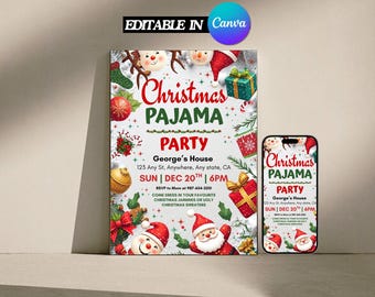 Christmas Pajama Party Invitation, Pajama Invitation, Christmas Party Invitation, Holiday Party Invite, Xmas Party, Editable Canva Template