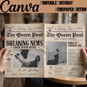 Puede incluir: Una edición de periódico de cumpleaños imprimible titulada The Queen Post, con un diseño de estilo vintage con texto negro sobre un fondo beige. Incluye dos fotografías en blanco y negro, titulares y columnas de texto de cumpleaños.