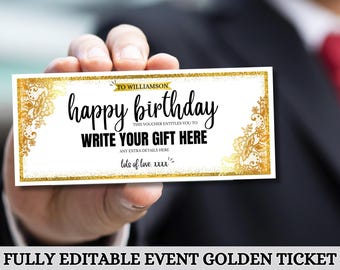 Editable Event Golden Ticket, Print at home Birthday Voucher, Digital Gift Voucher, Surprise Ticket, Birthday voucher, Canva Editable Event