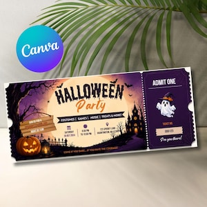May include: A rectangular Halloween party ticket featuring a full moon, a haunted house, a jack-o'-lantern, and a ghost. The text reads Halloween Party, Admit One, 26 Oct 2024, 6:00 PM to 10:00 PM, 123 Spooky Lane, Hauntington, NY 12345, and 000123.