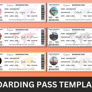 Plantilla de tarjeta de embarque editable, boleto de avión imprimible, viaje sorpresa de la tarjeta de embarque de Canva, boleto de embarque DIY de descarga digital.