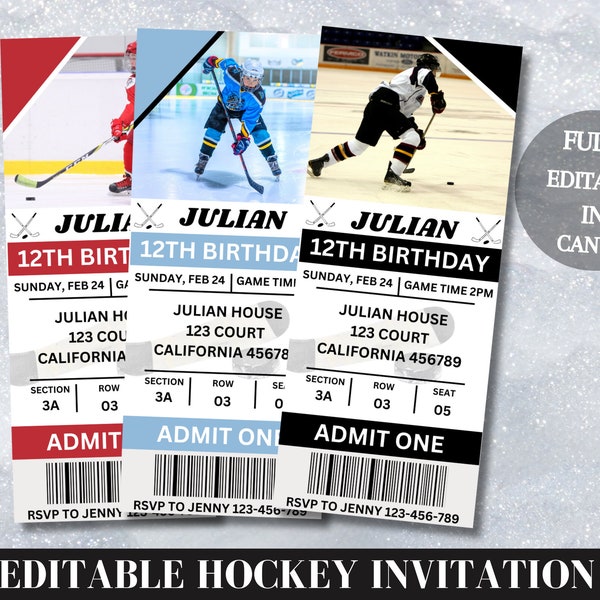 Modèle imprimable d'invitation d'anniversaire de billet de hockey, faire-part d'anniversaire modifiable, fête d'anniversaire sur le thème du hockey, faire-part d'anniversaire