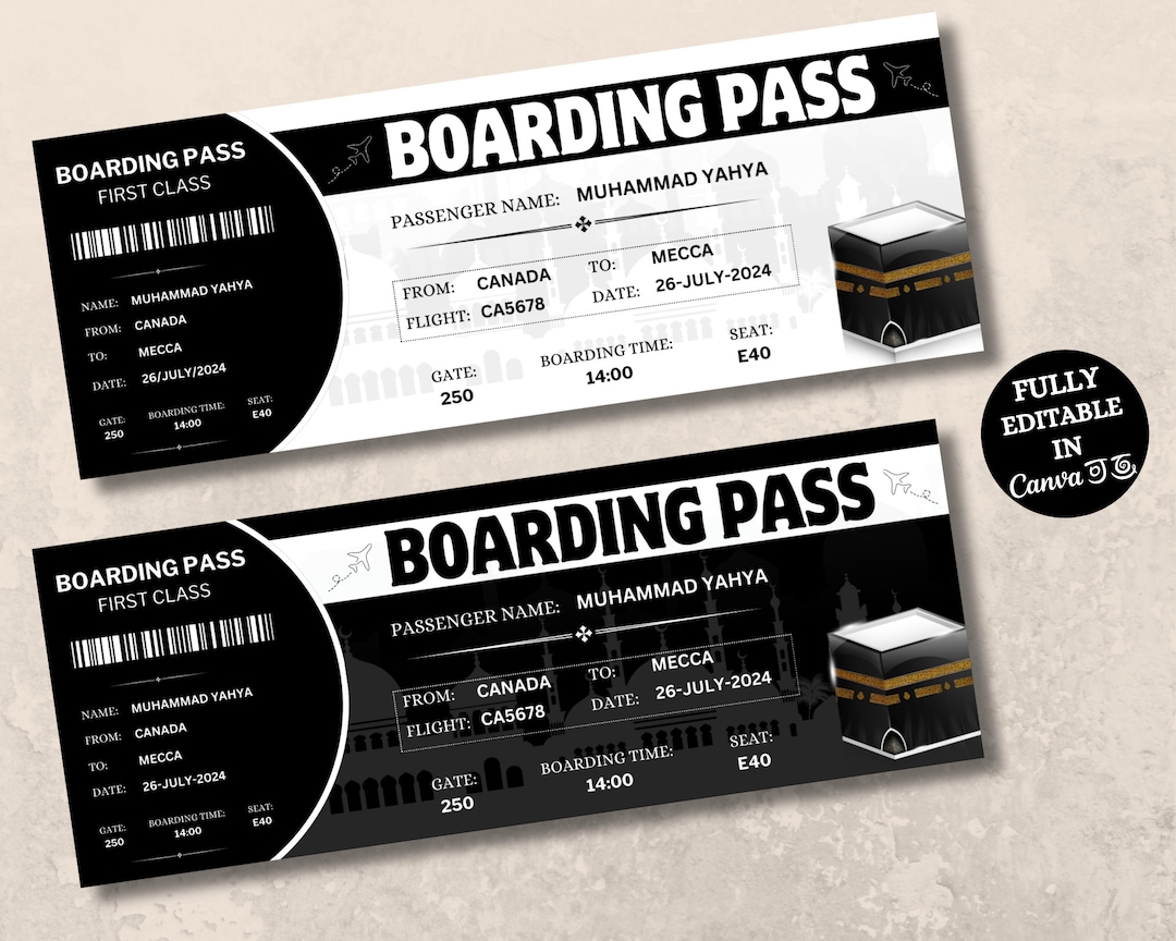 Hajj Boarding Pass, Editable Hajj Plane Ticket, Makkah Umrah Gift, Madinah, Mecca Travel