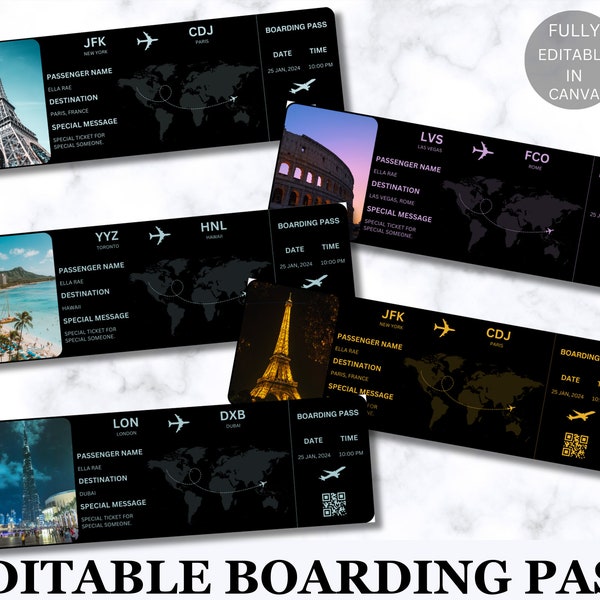 Plantilla de tarjeta de embarque editable, tarjeta de embarque de Canva, boletos de avión personalizables, descarga instantánea, tarjeta de regalo de boleto de avión