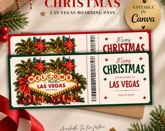 Las Vegas Trip Reveal Ticket, Christmas Surprise Boarding Pass, Printable Airline Ticket Template, Vegas Vacation Gift, Editable Canva