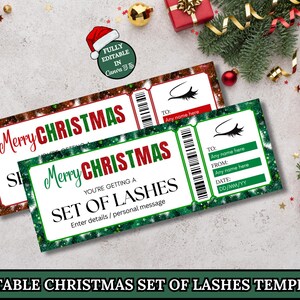 May include: Two Christmas-themed gift certificates for a set of lashes. One certificate has a red border and the other has a green border. Both have the text "Merry Christmas" and "Set of Lashes". The certificates are surrounded by Christmas decorations.