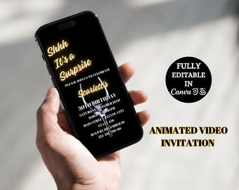 Surprise Birthday Dinner Invitation. Digital Party Invite Video For Her or Him. Easy Editable Canva Template. Send By Phone.