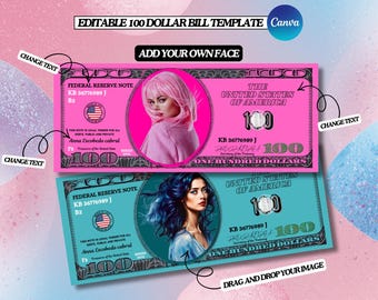 Personalized Pink 100 Dollar Bill Canva Template – Add Your Face – Editable Printable Prop Money, Both Sides, Party Favor | Instant Download
