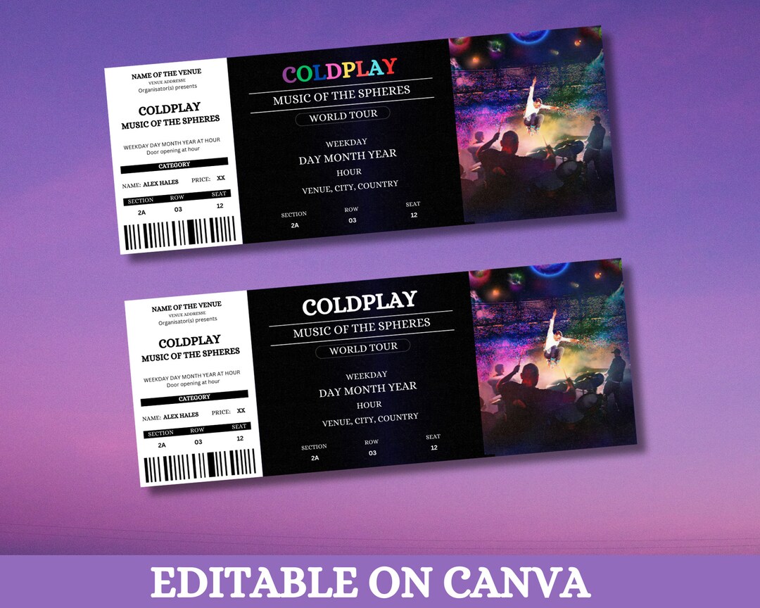 Modèle de billet de concert modifiable Coldplay Canva Idée Etsy France