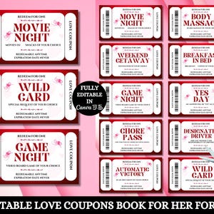 Libro de cupones de amor imprimible para ella y para él, cupón personalizable para el día de San Valentín, regalo para el esposo, regalo de aniversario, vales de amor, regalo para él