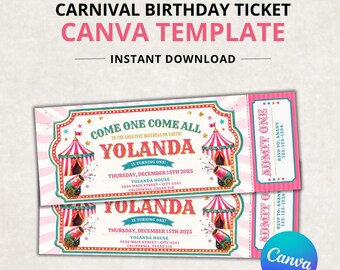 Carnival Ticket Birthday Invitation, Circus Birthday Party, Girl Invitation, Pink Carnival Ticket Invitation, Editable in Canva