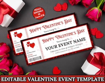 May include: Two Valentine's Day event tickets with red borders and heart graphics. The tickets read "HAPPY VALENTINE'S DAY" and include space for event details. The image also features red roses, heart-shaped decorations, and a gift box.
