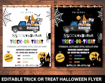 Editable Trick or Treat Halloween Flyer 8.5"x11", trunk-or-treat flyer, cute kids halloween party invite, Editable Trunk or Treat Halloween