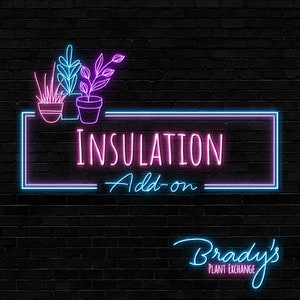 May include: Neon sign with the text "INSULATION Add-on" in pink and blue lettering. The sign is framed with a blue border and has a pink and blue plant illustration on the left side. The text "Brady's PLANT EXCHANGE" is in blue lettering below the sign.