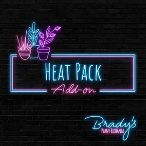 May include: Neon sign with the text "HEAT PACK Add-on" in blue and pink lettering. The sign is on a black brick wall with two potted plants in pink and blue outlines. Below the sign is the text "Brady's PLANT EXCHANGE" in pink cursive lettering.