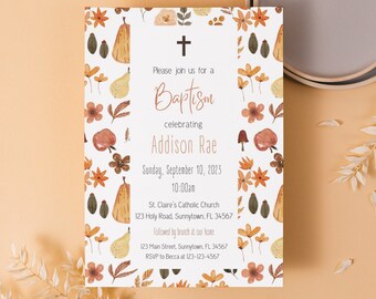 May include: A white invitation card with a fall theme. The card has a cross, the words "Please join us for a Baptism celebrating Addison Rae", the date "Sunday, September 10, 2023", the time "10:00am", the church name "St. Claire's Catholic Church", the address "123 Holy Road, Sunnytown, FL 34567", and the text "Followed by brunch at our home" and "RSVP to Becca at 123-123-4567". The card is decorated with a pattern of fall leaves, pumpkins, pears, and flowers.